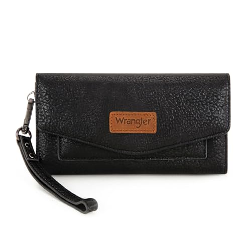 Image of Montana West X Wrangler Black Wallet for Women Large Wristlet Wallet with Rfid Lining Trifold Cash Wallet with Coin Purse and Detachable Wrist Strap