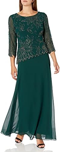 J Kara Women's 3/4 Floral Beaded Pop Over Gown Dress, Hunter/Mercury, 14