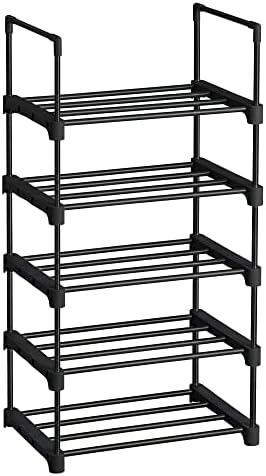 SONGMICS 5-Tier Shoe Rack, Metal Shoe Storage Organiser, Stackable Storage Rack, Space-Saving, Freestanding Shelf, for Hallway, Bedroom, Living Room, Black LSA005B02