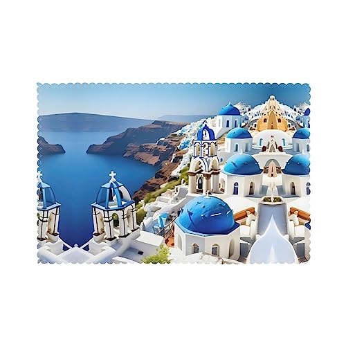 Juego de 6 manteles individuales antideslizantes para mesa de comedor y cocina, diseño de isla griega con vista al mar