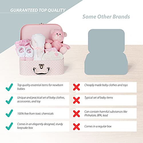 New-Baby-Gift-Set-for-Newborn-Baby-Girl-Pink-Keepsake-Box-with-Baby-Clothes-Muslin-Cloths-Cute-Pink-Teddy-Bear-and-Hanging-Plaque-Baby-Gift-Basket-for-Parents-Unique-Shower-Gift-for-Girls