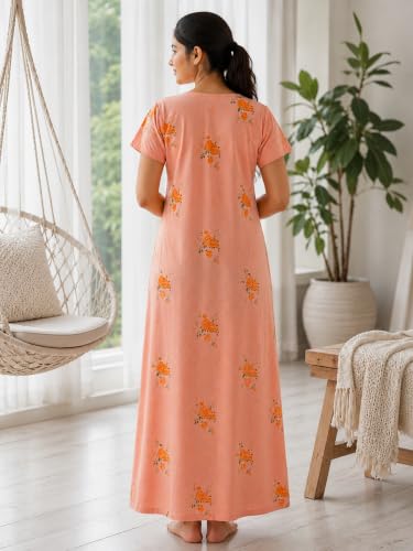 Image of 9shines Label Stylish Cotton Blend Embroidered Maxi Nightdress for Women with Pocket| Full Length Nightwear| Premium Nightdress| Comfortable Nightwear(5256)