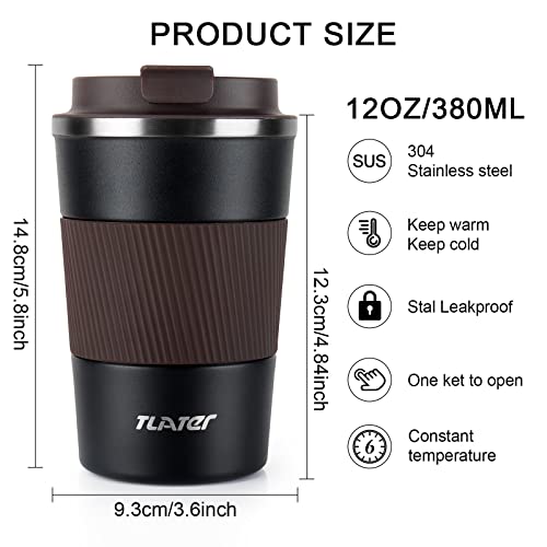 Image of Tlater Travel Mug, Insulated Coffee Cup with Leakproof Lids Reusable Coffee Cups Travel Car Coffee Mug Double Walled Vacuum Stainless Steel for Hot and Iced Drinks (380ml) (Black)