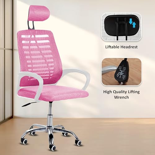 Image of Casa Copenhagen,Mesh Office Desk Chair,Rocking Ergonomic Computer Chair Adjustable High with Headrest and Comfortable Armrest Swivel - Pink & White Handle