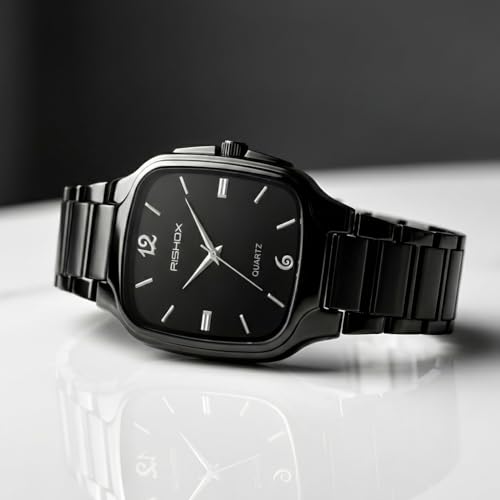 Image of Men's Analog Watch | Black Dial Square Stainless Steel Strap | Slim Quartz Wrist Watch for Men & Boys | Stylish Formal Casual Water Resistant Watch