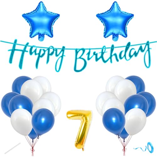 Image of Flyloons 7th Happy Birthday Decoration Kit Blue White for Boys Girls Kids Twins Men Women With 20 Pcs Metallic Balloons Birthday Banner 2 Pcs Star Items Set