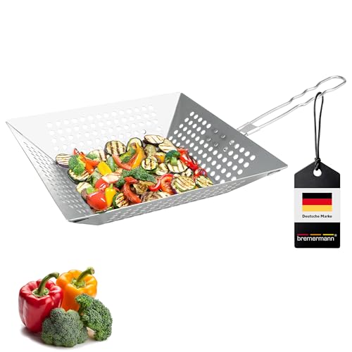 bremermann Grillpfanne quadratisch // mit Klapp-Griff // Edelstahl ca. 30,5 x 6 x 51,5 cm // Grillkorb Grillplatte