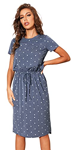 Womens Summer Cute Modest Casual Knee Length Midi Dress White Polka Dots Blue L