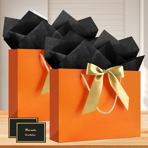 Image of JMANNI Gift Bags with Handles, 13 inch Medium Gift Bag for Presents, 1 Pcs Bags with 2 Tissue Paper and 1 Cards for Baby Shower Wedding Bridal Shower Mother's Day Birthday Party (Orange
