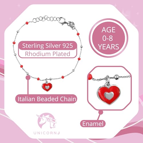 Image of UNICORNJ Sterling Silver Kids Bracelet for Girls Heart Butterfly Charm Enamel Hand Painted | Made in Italy | Bead Chain 6.25 inch