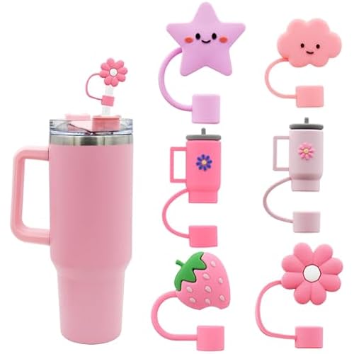 Cover Cap for Stanley Cups, Topper Compatible with 30 & 40 Oz Tumblers, Reusable Dust-Proof Silicone Lids, Drinking Straw Covers, 6pcs All Pink