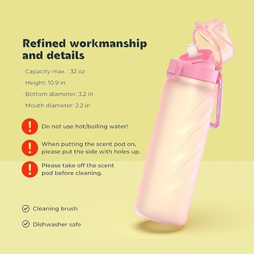 JMEY Air Water Up Bottle with Flavour Pod,32oz Leakproof Scented Water Bottle,BPA &Leak Proof Free Drinking Bottles, Sports Water Bottle with Straw Perfect for Office,School,Gym,and Sports-(Pink)