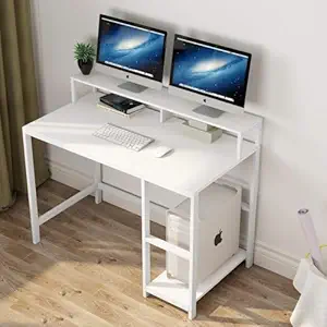 Priti Computer Desk Industrial Writing Desk for Study, Computer Workstations PC Desk Table with Metal Frame, 2 Shelves for Home, Office, Living Room, Bedroom Easy to Assemble (White)