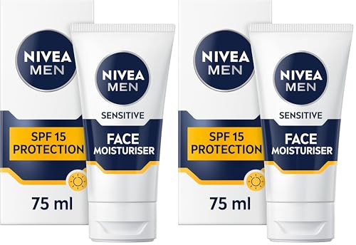 Image of NIVEA MEN Sensitive Face Moisturiser SPF15 (75ml), 0% Alcohol Moisturiser Relieves 5 Signs of Skin Irritation and Protects Skin Against UVA/UVB Rays, Non-Greasy Formula (Pack of 2)