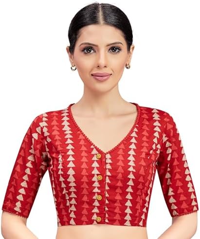 Studio Shringaar Women's Cotton Block Printed Elbow Length Sleeves Saree Blouse