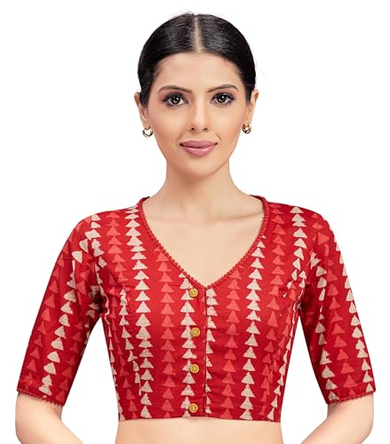 Studio Shringaar Women's Cotton Block Printed Elbow Length Sleeves Saree Blouse