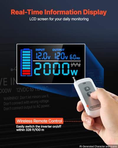 Image of VEVOR Pure Sine Wave Inverter, 2000 Watt, DC 12V to AC 120V Power Inverter with 2 AC Outlets 2 USB Port 1 Type-C Port, LCD Display and Remote Controller for Medium-Sized Household Equipment, CE FCC
