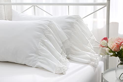 Ivory White Pillowcases With Eyelet Crocheted Lace Ruffles Pillow Shams Cotton King Size 20"X36" 2-Pack #TOP5