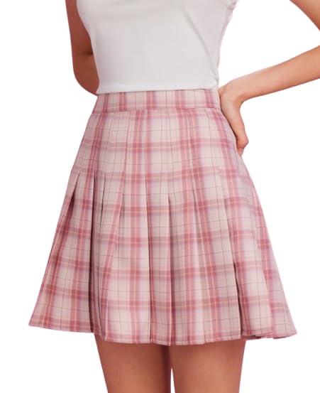 Women's Summer Pleated Skirt Mid Waist Plaid Casual Mini Skirt4