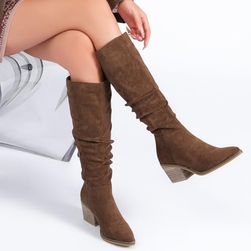 Ruiee Women's Knee High Boots, Wide Calf Chunky Block Low Heel and Slouchy Pointed Toe Winter Long Boots for Women.240961 Brown MF Size9.5
