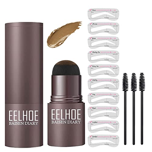 eyebrow stamp stencil kit- Easy Way To Get Perfect Eyebrows In Minutes,Waterproof, 【14-in-1】Eyebrow Stamp *1, 10 Eyebrow Stencils Kit, 3 Eyebrow Brushes Light Brown