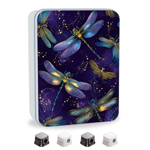 Image of Metal Tin Box with Lid,Multi-functional Storage Large Box Can Store Tea Biscuits Game Cards, Playing & Tarot Cards-Comes with 4 Magnetic Cord Clips,Dragonfly Fantasy
