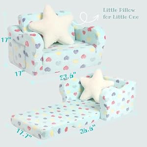 Toddler Couch 2 in 1 Toddler Soft Couch Fold Out with Star Pillow Convertible Sofa to Lounger for Girls and Boys 1 Seat