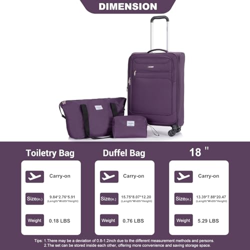 Versatile Purple Softshell 3-Piece Luggage Set with 360° Wheels - Durable Terylene Polyester Travel Bags4