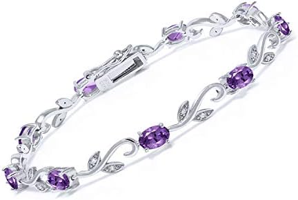 Gem Stone King 925 Sterling Silver Purple Amethyst and White Diamond Greek Vine Tennis Bracelet For Women (4.18 Cttw, Gemstone Birthstone, 7 Inch)