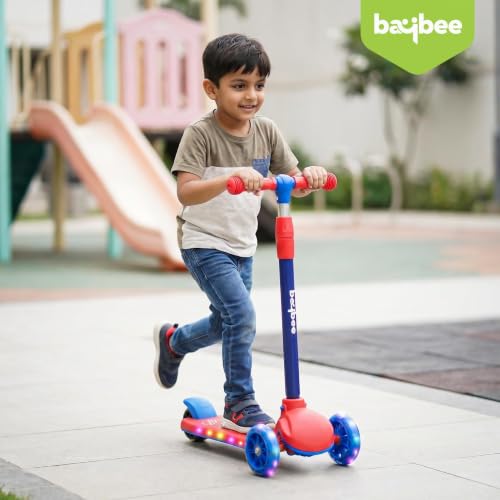 Image of Baybee Rydon Kids Scooter with 3 Height Adjustments | Portable Kick Scooter with PU LED Lights & Rear Brake | 3 Wheel Skating Scooter | Runner Scooter for Kids 2 to 10 Years Boys Girls (RED)