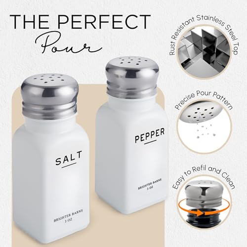 Image of White Salt and Pepper Shakers Set by Brighter Barns - Dining Table Decor, Countertop Accessory - Neutral Minimalist Glass Salt Shaker - Modern Kitchen Accessories for Restaurant, Hotel, Airbnb (White)