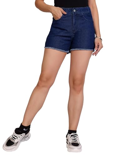Image of Dolce Crudo Women's Relaxed Fit Mid-Rise Denim Shorts with Adjustable Waist & Frayed Hem
