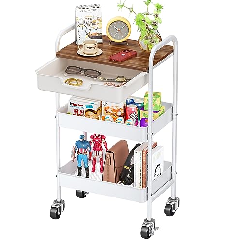 3 Tier Utility Rolling Cart With Drawer And Wood Top, Metal Kitchen Storage Cart With Handle Art Cart Craft Organizer For Office, Home, Classroom (White) #TOP29