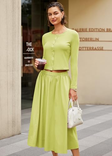 Image of Panadila Womens 2 Piece Lounge Sets Matching Vacation Outfits Ribbed Button Down Cardigan and Elastic Waist Skirt Sets (Palm Green,XL)