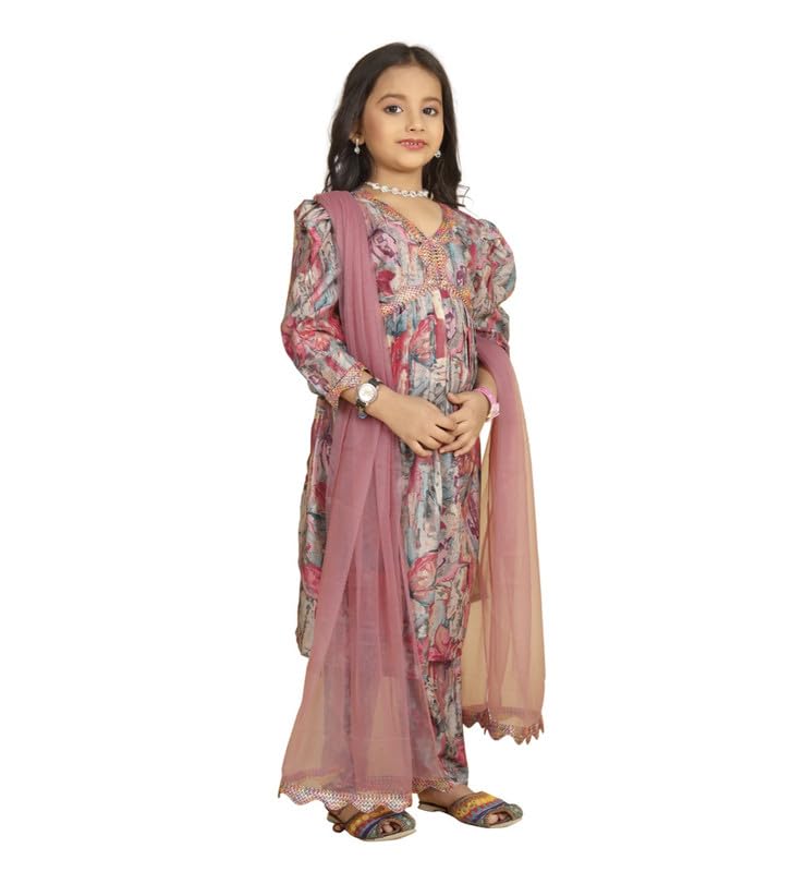 Image of Girl's Maslin Embrodrery Lace Aliya Cut Top with Bottom Dupatta Set (Multicolor, 13-14-Yrs)-PID61092