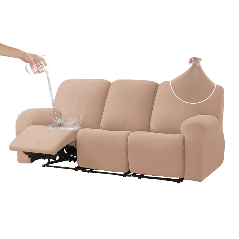 HDCAXKJ 100% Waterproof 8-Piece Recliner Couch Cover for Reclining Couch 3 Seat Super Stretch Soft Recliner Sofa Covers for 3 Cushion Couch Recliner Set Slipcovers Protector (Pink Camel, 3 Seat)