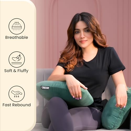 Image of CareFoam Memory Foam Square Cushion for Car, Sofa /Diwan, Bed, Chair & Decoration | Highly Durable, Hypoallergenic | 14 inchx 14 inch x 4 inch | Velvet Cover | Green, Pack of 2