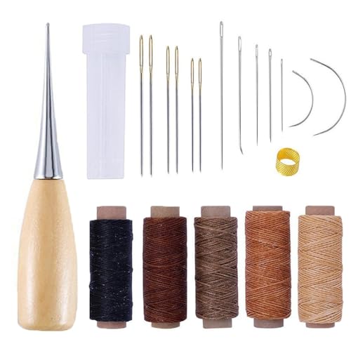 Wxinsheng Kit de Costura para Cuero de,21 Piezas Juego de Costura de Cuero,Kit de Costura con Hilo Encerado,Aguja,Cuerda y Dedal,para Reparar Bolsos,Tapicerías y Manualidades
