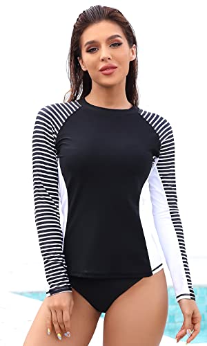 Charmleaks Womens Swim Shirts Stripe Rash Guard Sun Protection Shirt Diving Black 2Xl #TOP3