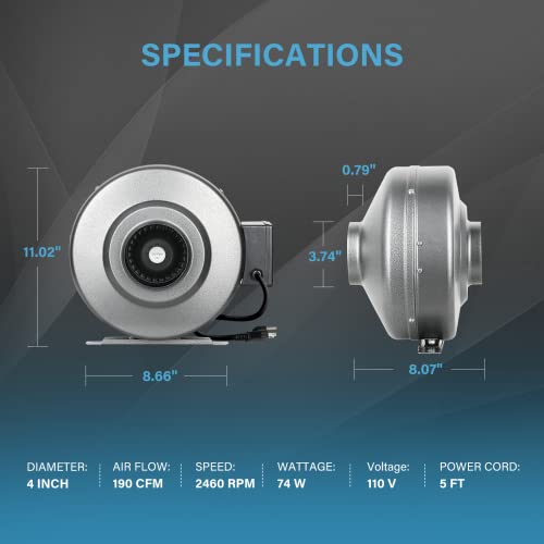 Ipower 4 Inch 190 Cfm Inline Duct Fan Hvac Exhaust Blower Air Circulation Vent For Hydroponics Grow Tents/Basements/Kitchens Ventilation, Silver #TOP3