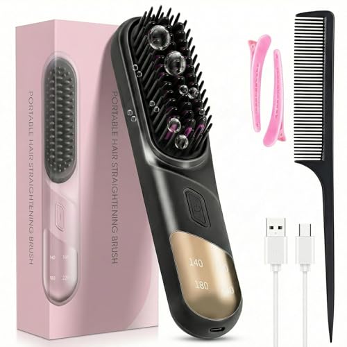 Go Brush Pro 2026 Cordless Hair Straightener Brush 4 Adjustable Temperature 300 Million Negative Ions Portable USB Charging Travel Hair Straightener Suitable for All Hair Types (Dark Black)