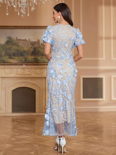 Women's 3D Floral Embroidery Dress Ruffle Sleeve Fishtail Lace Bodycon Party Cocktail Mini Dress4