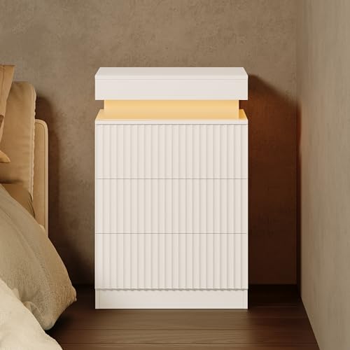 Image of Fluted Nightstand with Hidden Charging Station, LED Light, USB Ports, AC Outlets, Sliding Top, 3 Drawer Storage, Modern Bedside Table for Bedroom, White