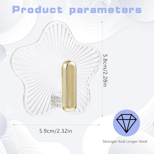 Image of Self Adhesive Golden Wall Hook Hanger with Magic Stiker Star Flower Design, Strong Transparent Hook with Gold Finish - Heavy Duty, No-Drill, Waterproof-Pack of 5