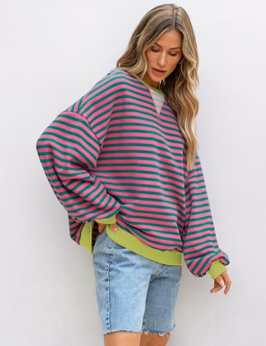 Image of UEU Women Oversized Striped Crewneck Sweatshirt Long Sleeve Color Block Pullover Tops Casual Loose Workout Shirt