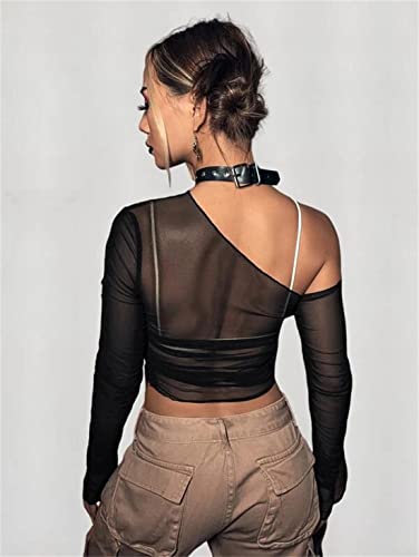 LOFAAC Women Sexy Mesh Sheer See Through Long Sleeve Crop Tops Slim Fit Ruched Off Shoulder Crop Blouse Tee Top Clubwear3