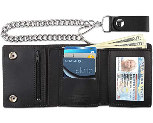 Image of RFID Blocking Men's Tri-fold Vintage Biker Cowhide Leather Steel Chain Wallet,Snap closure, Made In USA,tc315-122,flag /eagle,black
