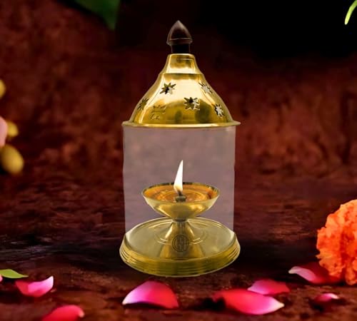 Image of DSH Brass Akhand Diya Decorative Brass Glass Oil Lamp and Tea Light Holder for Diwali Pooja and Gift Item. (M)