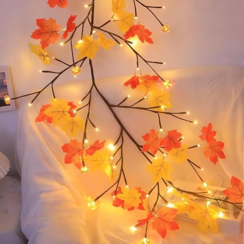 Image of Decorative Maple Leaf Vine String Lights 5.25 ft, 72 LED Fairy Lights with Remote Control, 8 Lighting Modes, USB Powered Wall Decoration Lights for Bedroom, Wedding & Festival