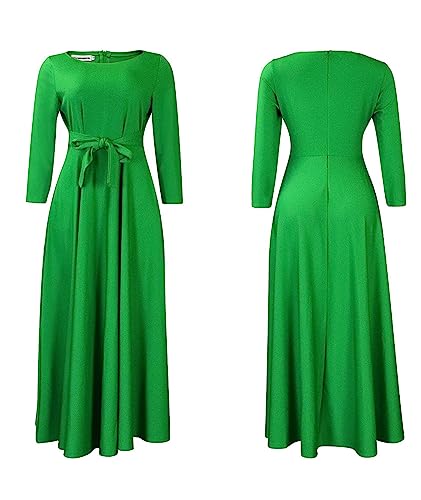 Image of Sexyshine Women's Casual Round Neck 3 /4 Long Sleeve Maxi Dress A-Line Self Tie High Waist Flare Pleated Swing Long Dresses